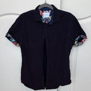 Denim & Flower Navy Microdot Short Sleeve Shirt with Floral Trim